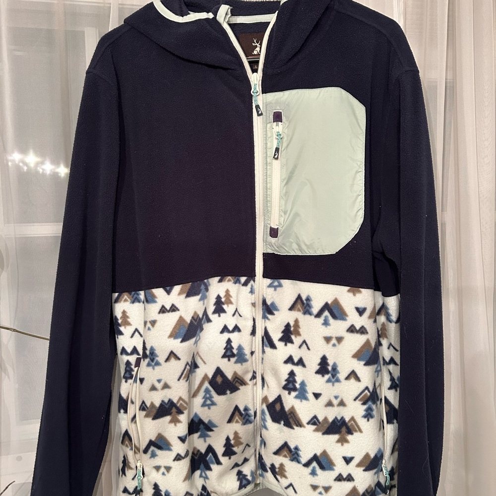 Men's Blue and White Patterned Zip-Up Sweater